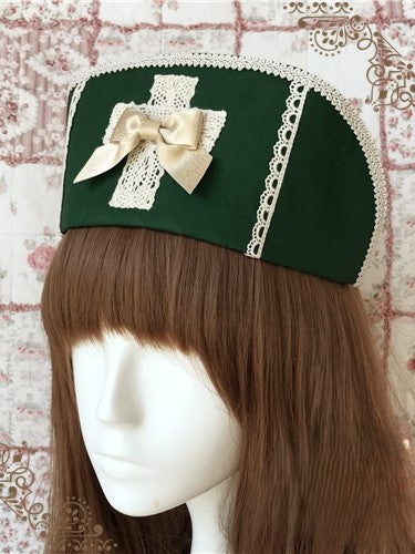 Accent with Bow and Lolita Trim Lace Green Nurse Hat
