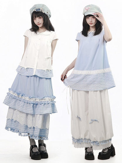 White Wide-Leg Balloon Pants with Bow and Tassels - PINK SAVIOR