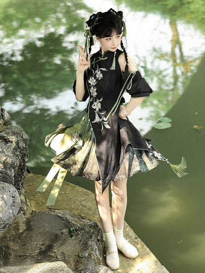 Dark Green Chinoiserie Lolita Skirt with Ruffled Hem - Han Ru Chu Hanfu & Han-Element Studi