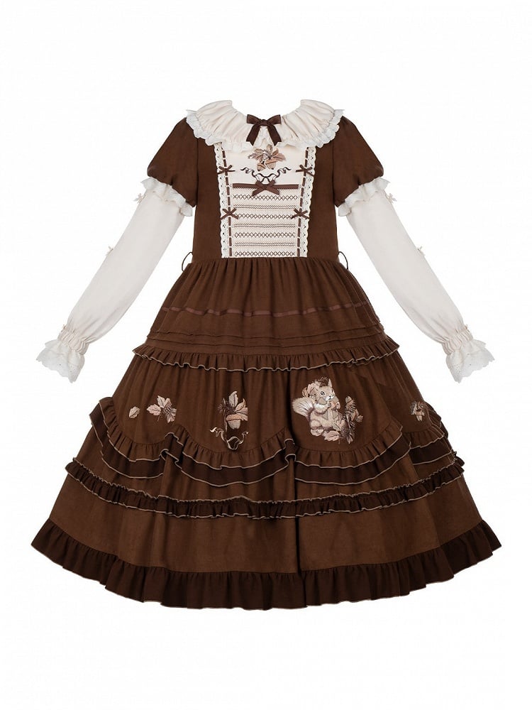 Brown Acorn & Squirrel Embroidered Lolita OP Dress with Peter Pan Collar, Ruffles, Belt, Brooch & Bow Hairclip - With PUJI