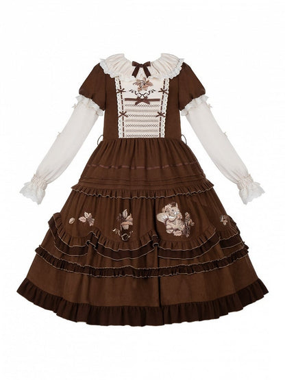 Brown Acorn & Squirrel Embroidered Lolita OP Dress with Peter Pan Collar, Ruffles, Belt, Brooch & Bow Hairclip - With PUJI