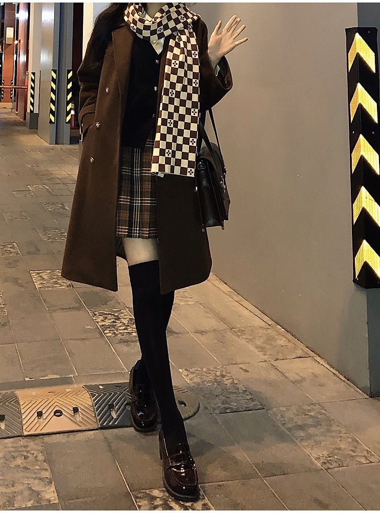 Brown Notched Collar Double-Breasted Woolen Coat