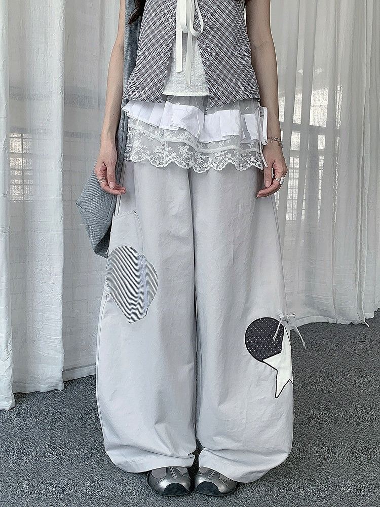 Casual Gray Curved Wide Leg Pants with Star and Heart Pattern - Solkatt