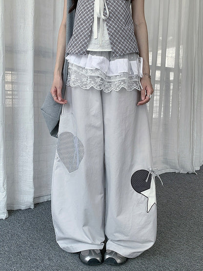 Casual Gray Curved Wide Leg Pants with Star and Heart Pattern - Solkatt