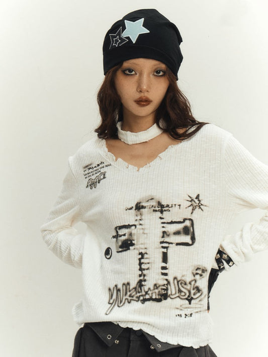 White Sweater Choker Cross V-neck Punk with
