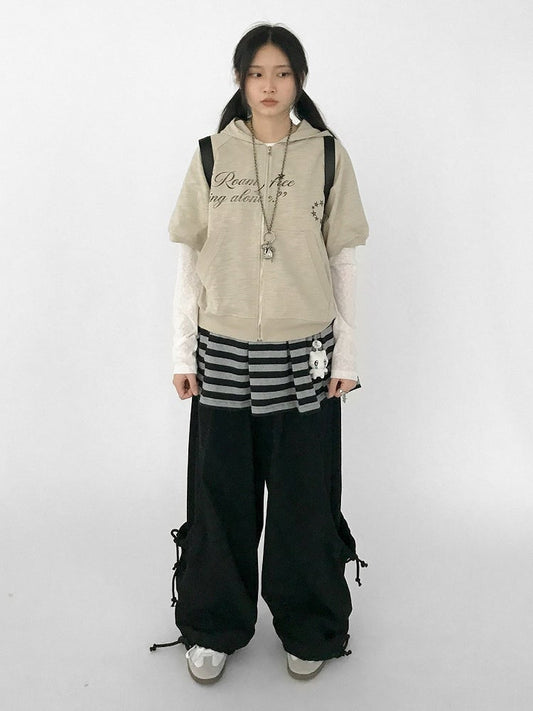 Jacket Apricot Sleeve Kawaii Printed Hooded Vintage Letter Short