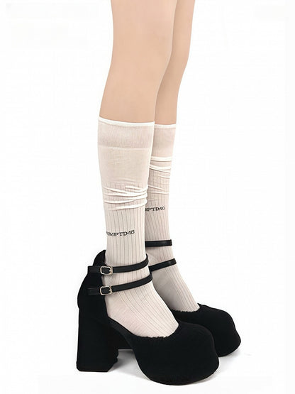 Pattern Black/White/Gray Socks Calf Vertical Letter Striped Printed