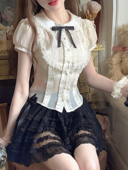 Spitzenbesetztes Set Puff Apricot Bluse Cami Sleeve Mit