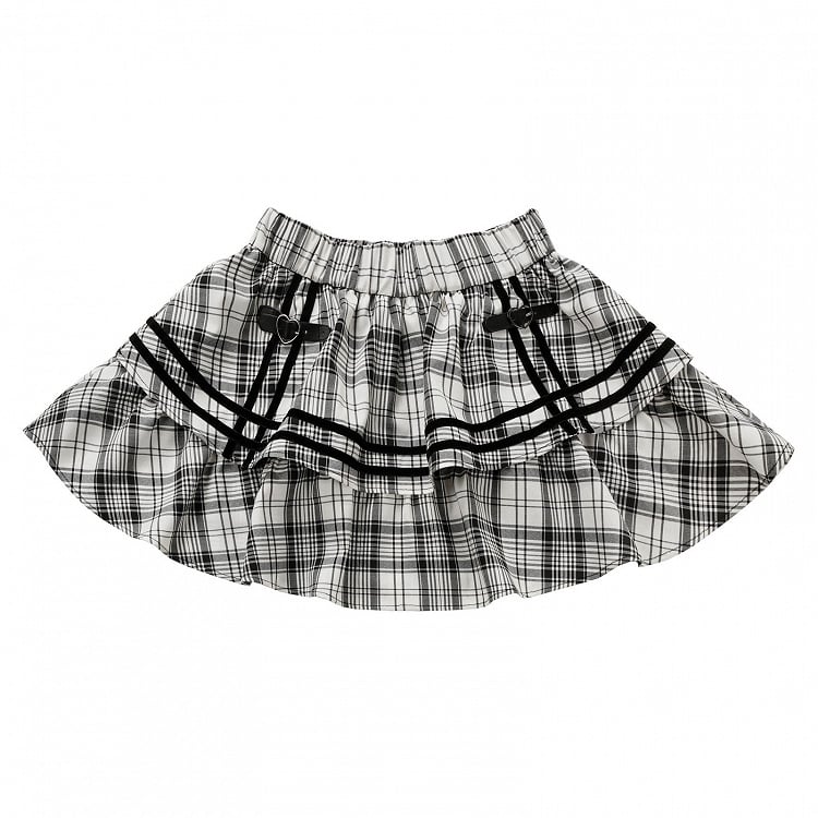 Tiered Pattern with Plaid Buckles Mini Heart Ruffles Skirt