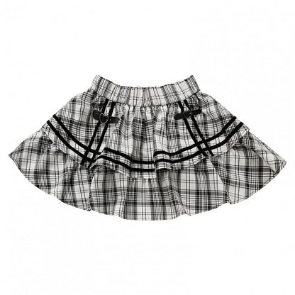 Tiered Pattern with Plaid Buckles Mini Heart Ruffles Skirt