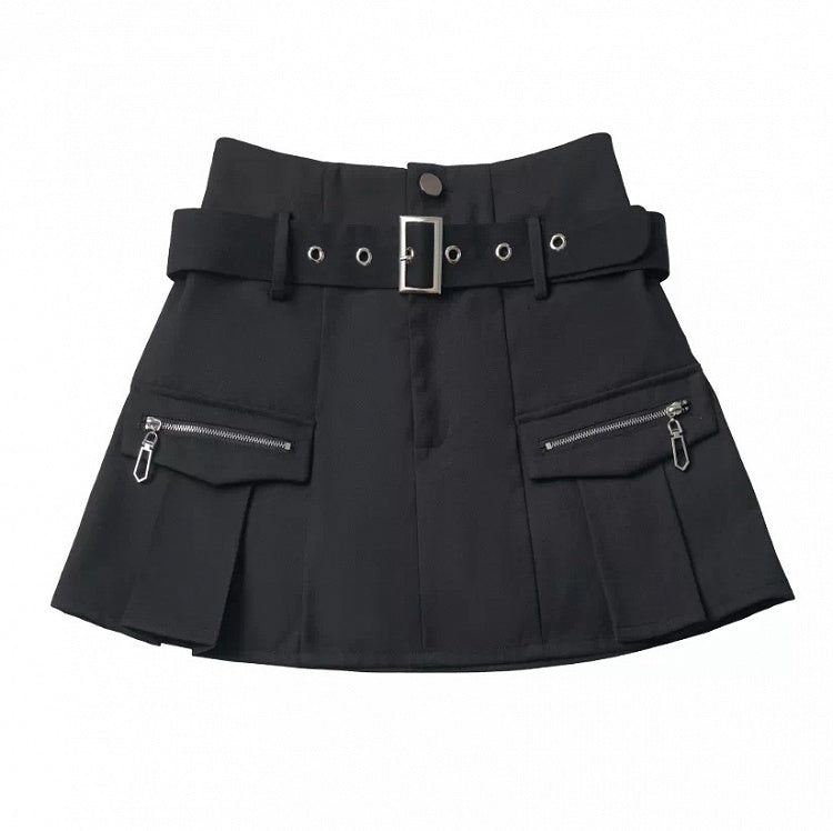 Black Cargo Pleated Skirt with Belt - PINK SAVIOR