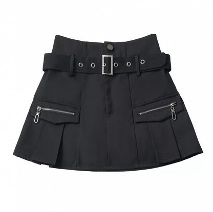 Black Cargo Pleated Skirt with Belt - PINK SAVIOR