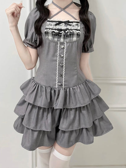 Jirai-Kei Gray Square Neck Halter Short Sleeve Gown with 3-Tier Ruffled Skirt - nekura