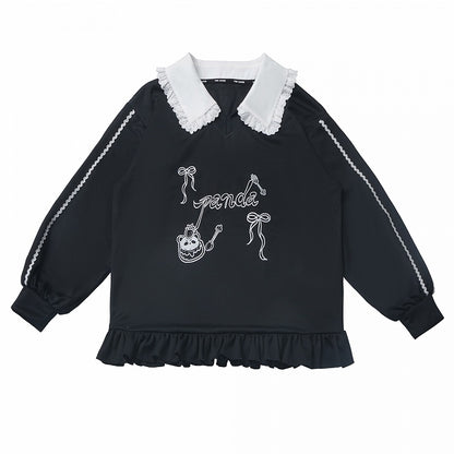 Short/Long Top Sleeves Panda Dessert Print Ruffled Pointed Flat Collar Ruffled Hem Black