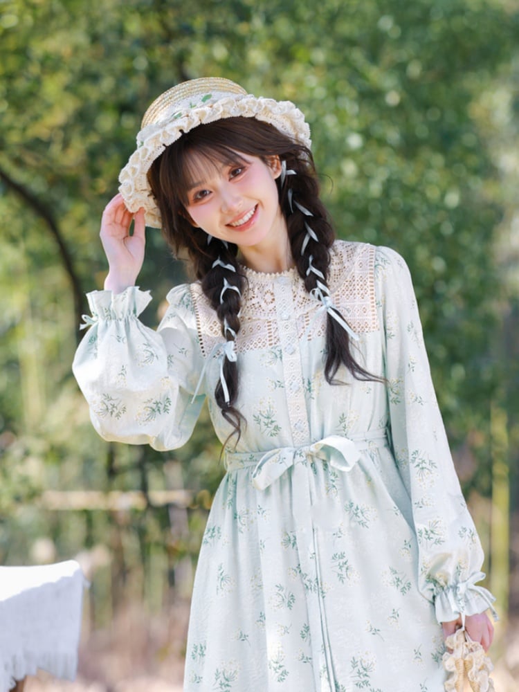 Blue Illusion Neckline Lace Trim Floral Dress with Self-tie Strap at Waist