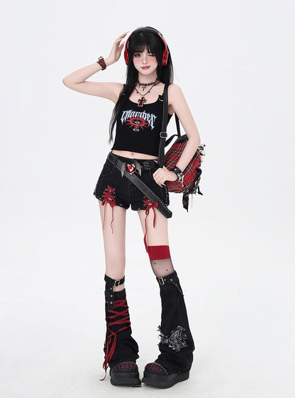 with Black Butterfly Applique Warmers and Red Lace-up Details Hem Denim Shorts Leg