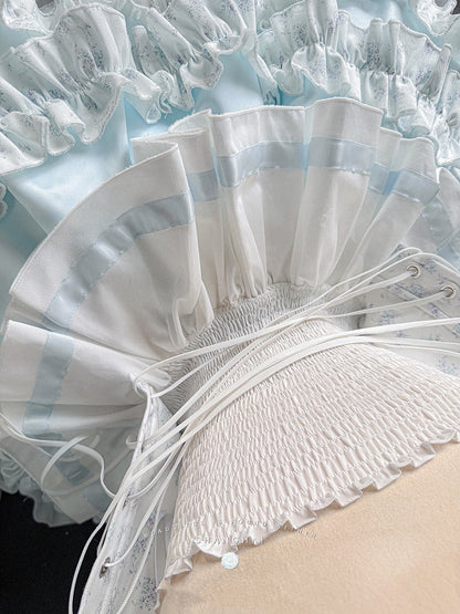 Cropped Details Bodice Floral Strapless Top + Tiered Skirt + Ful Blue Bowknot on Set Top