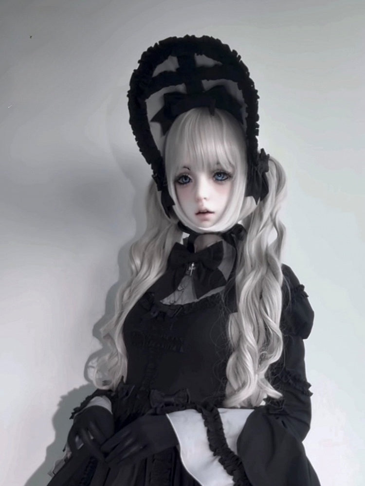 Bonnet Lolita Black with Bowknots Ruffled Grey