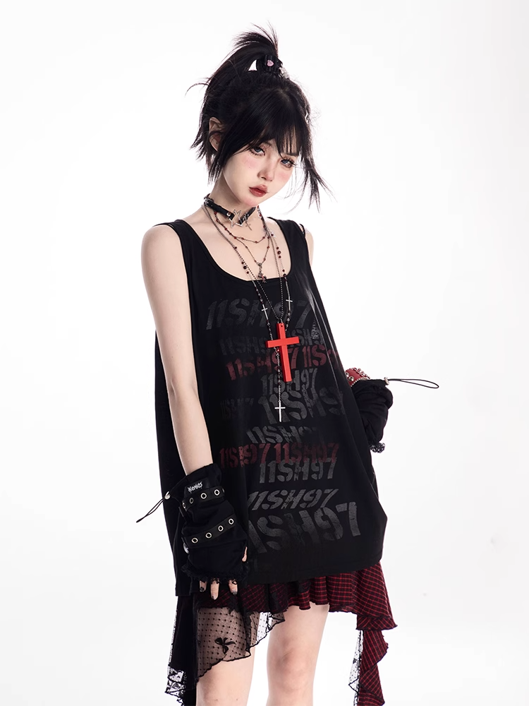 ブラック スクープネックライン レタープリント ヴィンテージ ルーズタンクトップ