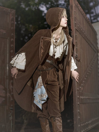 Embroidery Cloak Lolita Zip Coffee Detail Hood Ouji