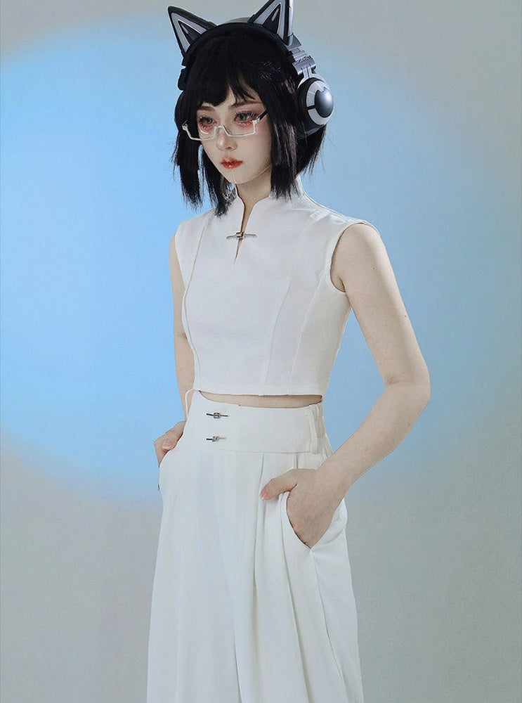 White Cotton Sleeveless Top with Metal Frog Clasp - Feng Hua Gui Guo Ling