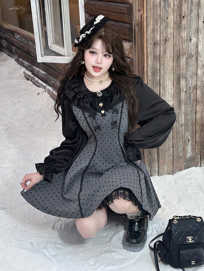 Plus Size Grey Bow Accents High Waist Polka-dot Pattern Dress