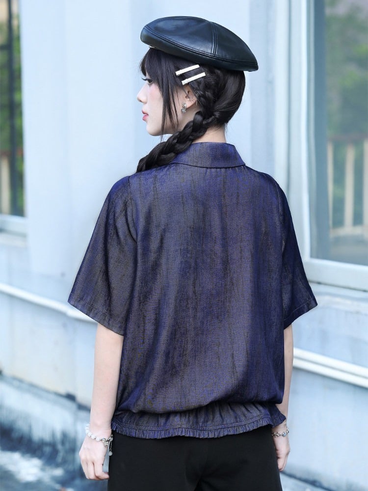 Purple Short Sleeve Shirt with Sea Lily and Drawstring - Quirky Hut