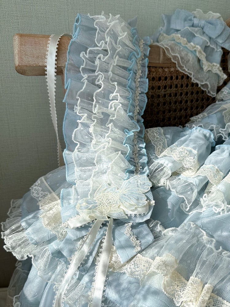 Embroidery Hairband Lolita Applique with Sweet Goldfish and Ribbon Ruffled Pink/Green/Blue