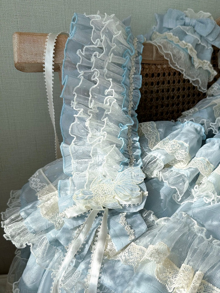 with Applique and Hairband Pink/Green/Blue Sweet Goldfish Lolita Embroidery Ribbon Ruffled