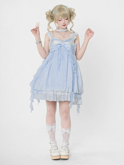Blue Polka Dot Bow Sleeveless Bubble Dress with Lace - Tan Tuan
