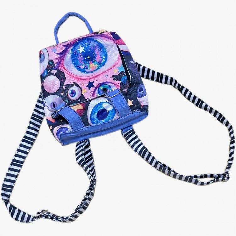 Fold-Over Flap Design Guro Colorful Backpack Eyes Print Kawaii
