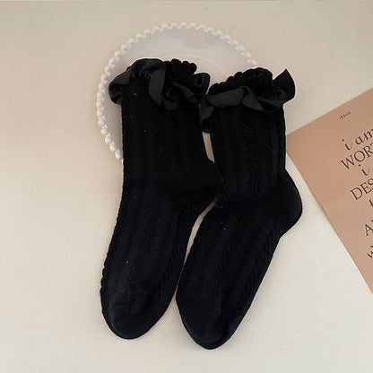 Cute White/Beige/Black Ruffled Socks Cotton