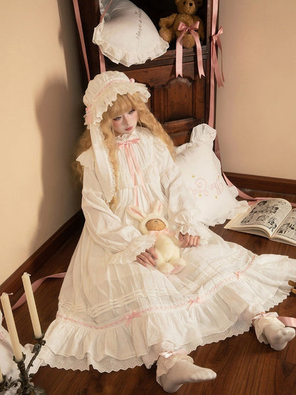 White & Pink Lace Lolita Dress with Bow - Tan Tuan
