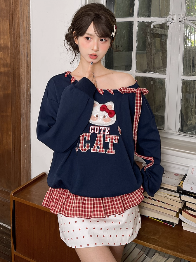 Red Asymmetrical Neckline Kitty Embroidery Applique Navy Plaid Self-tie Sweatshirt Straps at Blue