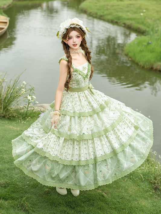 Flower Basket and Bunny Print Green Natural Kei Lolita Tiered JSK Dress - With PUJI