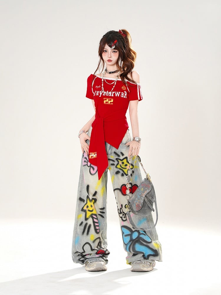 Red/Blue Straps at Waist Asymmetrical Neckline Blokette Core T-shirt Self-tie