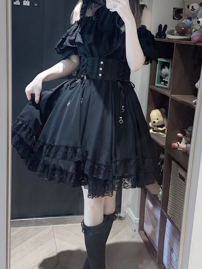 Jirai Kei Black Lace Trim High Waist Skirt - YoshiKi
