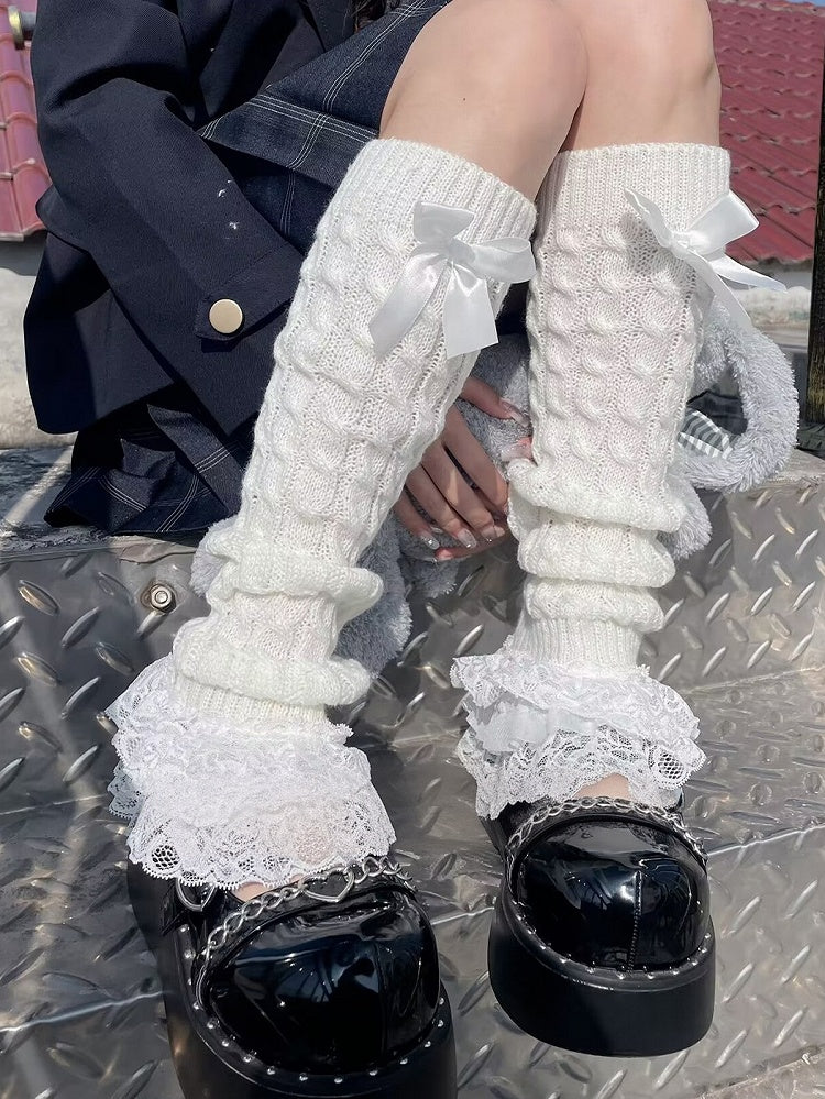 ホワイト/ブラックのフリル付きレースカフスボウロリータレッグウォーマー