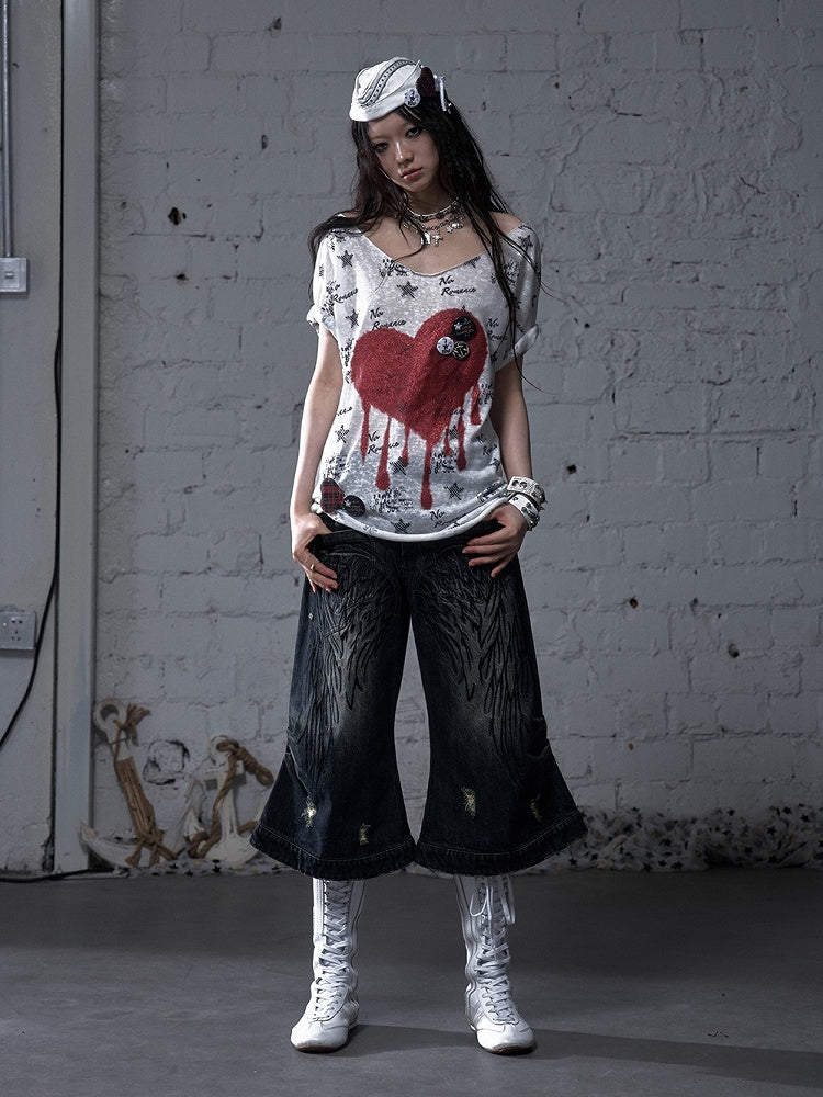 Schwarz/Weißes Navycore-Grafik-T-Shirt im Distressed-Design