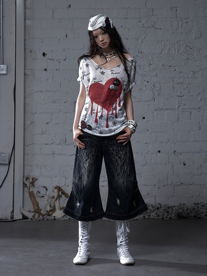 Schwarz/Weißes Navycore-Grafik-T-Shirt im Distressed-Design