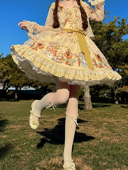Lolita Overlay Sweet Plaid Bunny Print with and Yellow Dress JSK Sunflower Hem