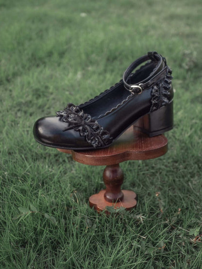 Mary Jane Round Toe Lolita Shoes with Bow and Ruffle in Black - EvilStar