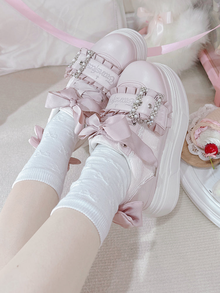 Platforms Kei Design Bow Pink Jirai Beaded Buckle Shoes Accents