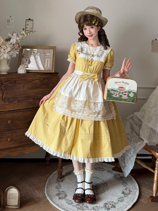 Yellow Floral Cotton OP Dress with Detachable Apron