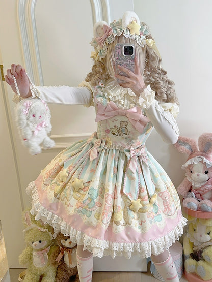 ピンクとグリーンのテディプリントのスイートロリータジャンパースカート