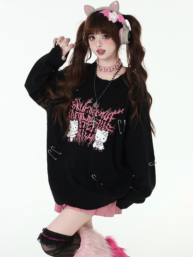 キティプリントのダメージ加工穴あきスイカ柄ルーズセーター