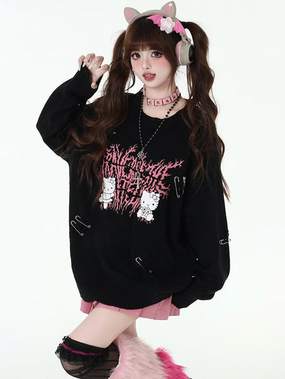 キティプリントのダメージ加工穴あきスイカ柄ルーズセーター