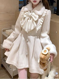 Beige Jirai Kei Wool Coat Dress – Plush Fur Trim & Oversized Bow