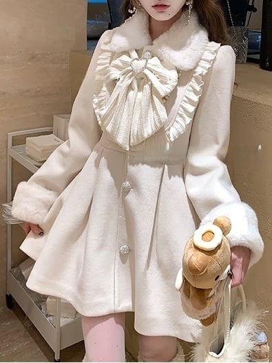 Beige Dress - Fur Pure in Bow Plush Oversized Coat Trim Wool Kei Polished Jirai