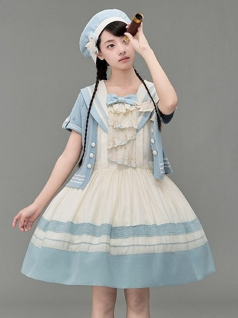 Blue Knitted Short-sleeved Cardigan Lolita Perforated